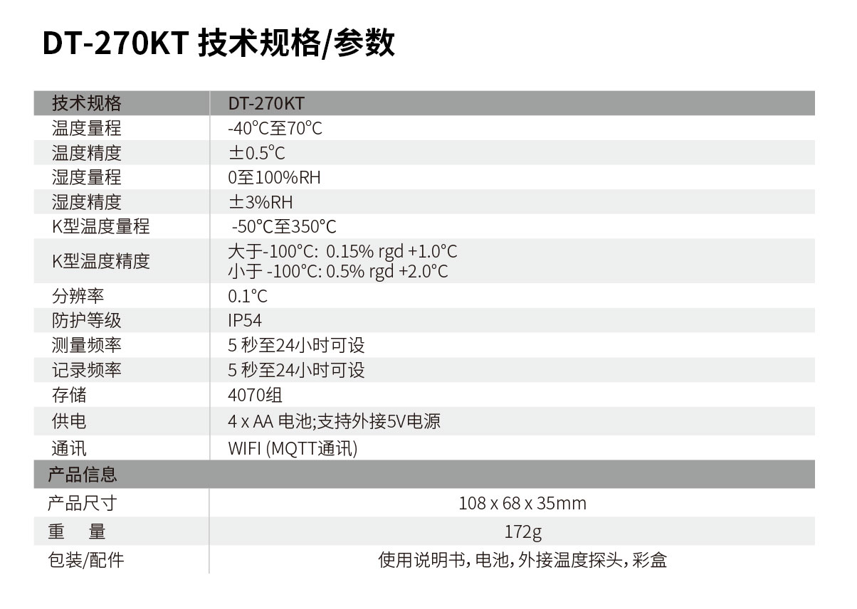 华盛昌 DT-270KT 无线高精度温湿度记录仪技术指标