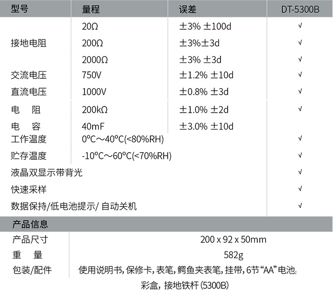 华盛昌 DT-5300B 接地电阻测试仪技术指标
