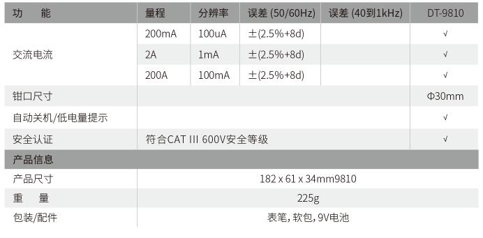 华盛昌 DT-9810 迷你型泄漏电流钳形表技术指标