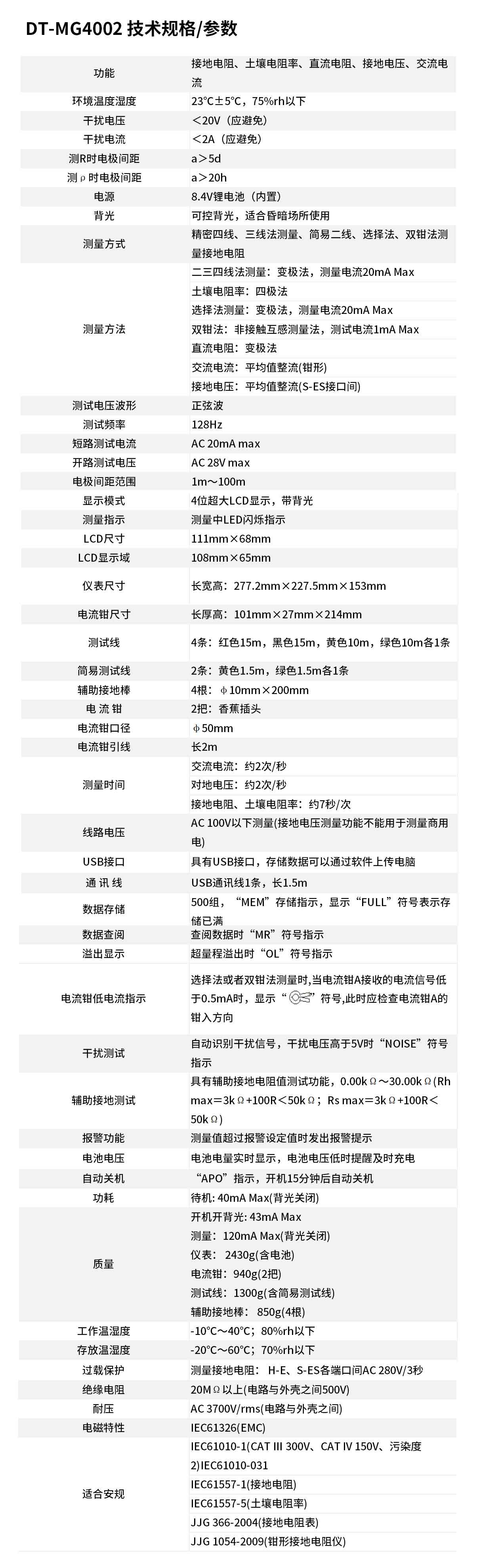 DT-MG4002 双钳多功能接地电阻测试仪技术指标