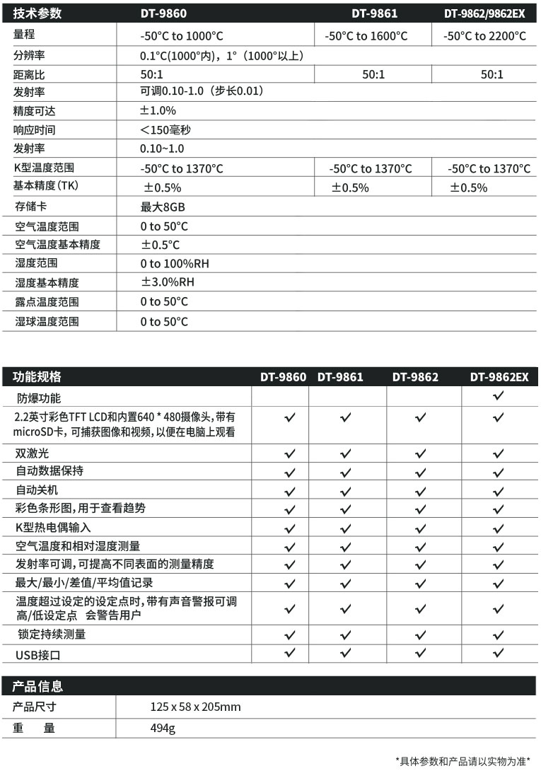 华盛昌 DT-9860/9861/9862/9862EX 红外摄温仪技术指标